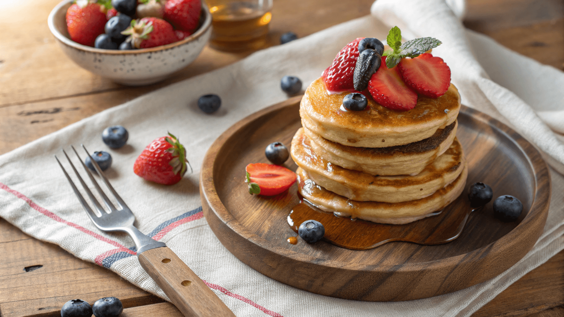 Golden stack of mini pancakes with fresh strawberries, blueberries, and maple syrup on a rustic wooden plate.