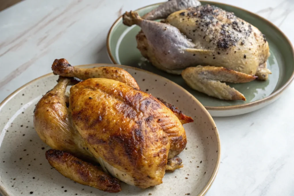 too rotisserie chicken pieces showing stages of spoilage