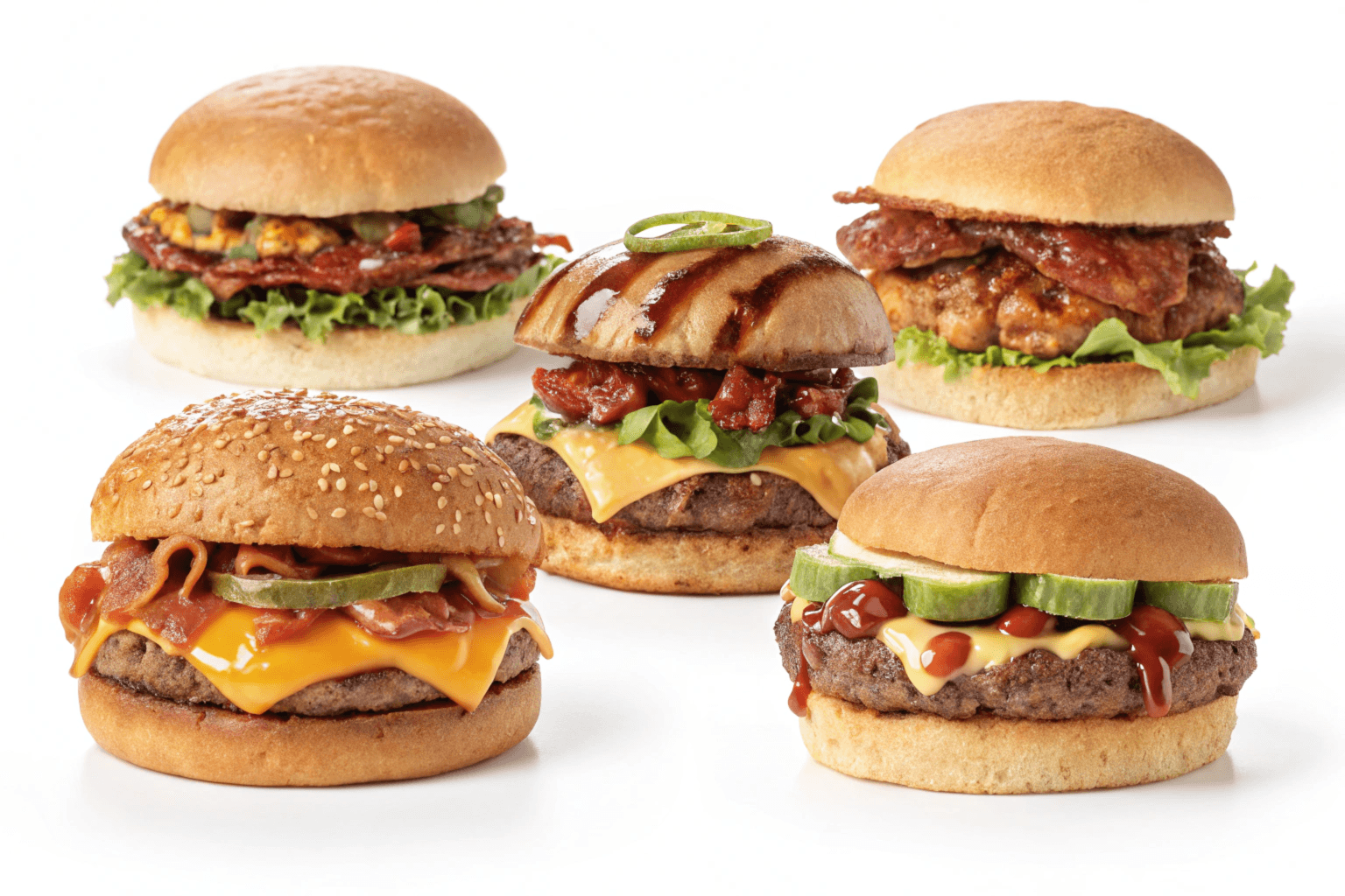 A variety of All-American Burger styles, including BBQ Bacon and Spicy Jalapeño option