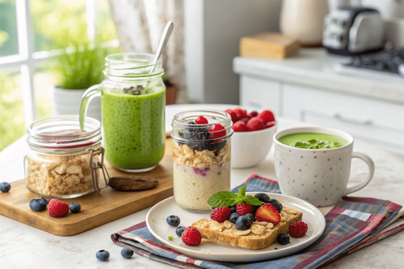 A colorful breakfast table with overnight oats, smoothies, peanut butter banana toast, and a mug omelet.