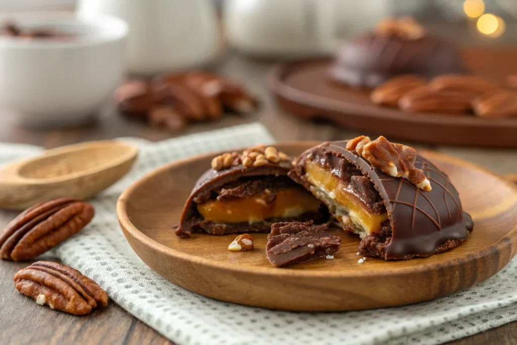 Homemade turtle chocolates on a parchment-lined baking tray with caramel, pecans, and chocolate chips in the background