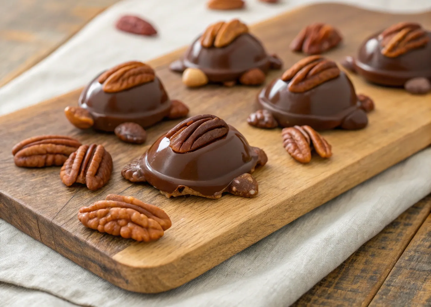 Chocolate turtles with caramel and pecans, a delightful sweet treat for any occasion.