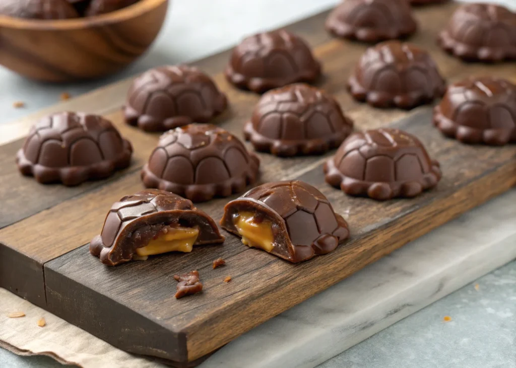 Chocolate turtles with caramel and pecans, a delightful sweet treat for any occasion.