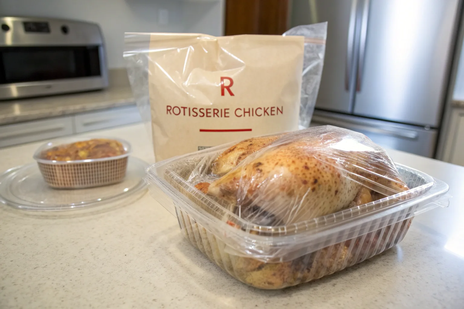 A properly stored rotisserie chicken in an airtight container ready for freezing, with a labeled freezer bag on a kitchen counter.