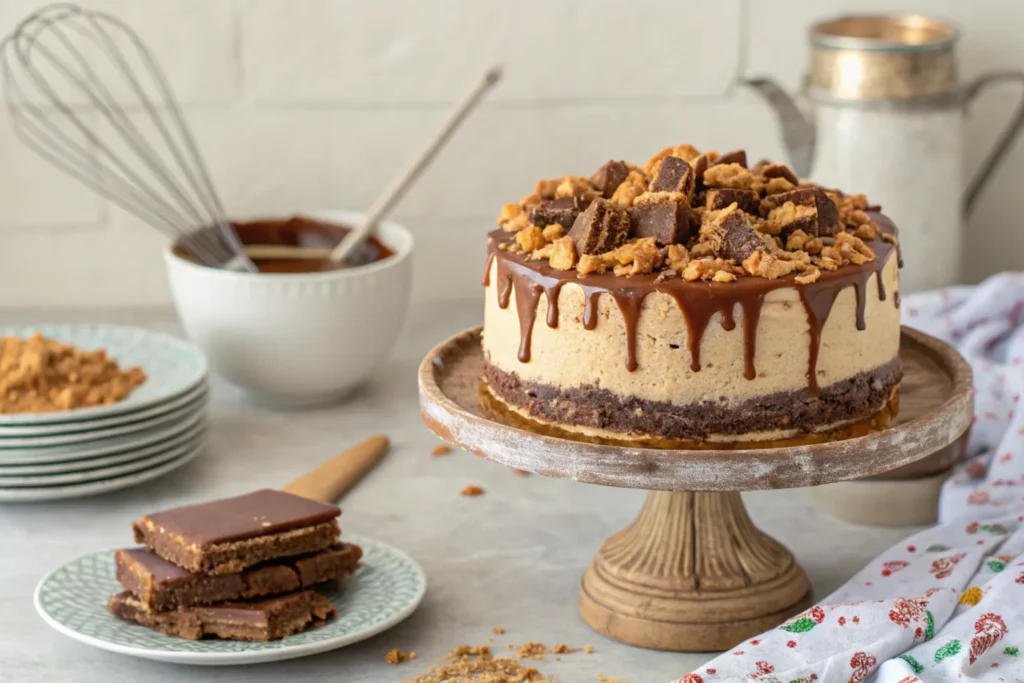 A whole Butterfinger cake topped with crumbled Butterfinger candy and caramel drizzle, presented on a rustic cake stand.