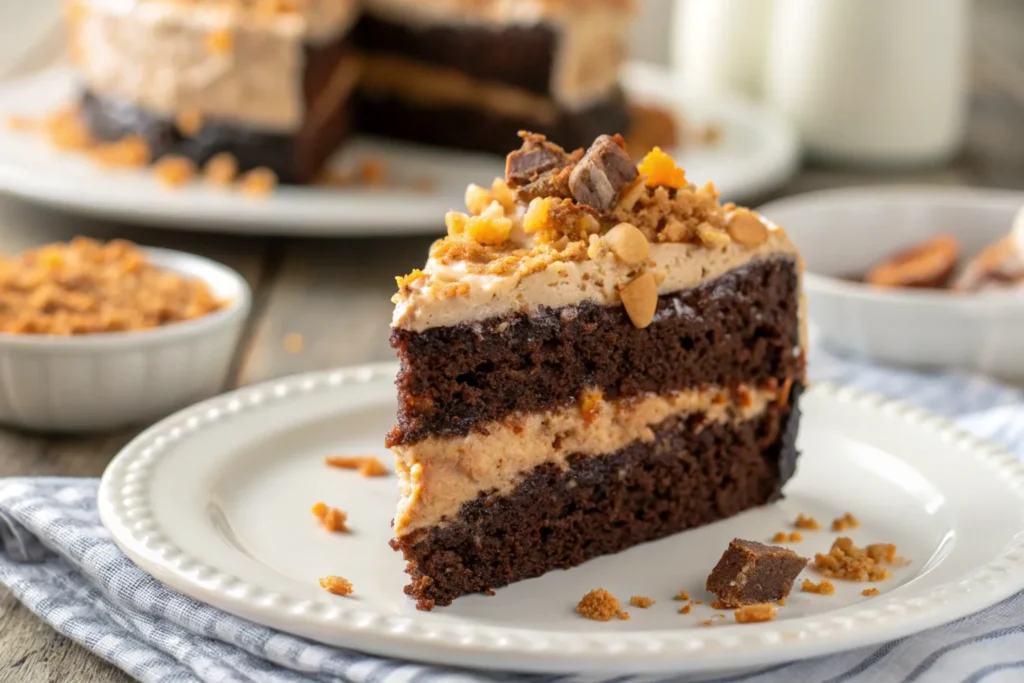 A slice of Butterfinger cake with layers of chocolate cake, creamy frosting, and crushed Butterfinger candy on a white plate.