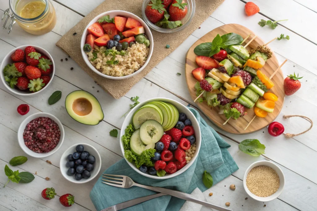 A variety of colorful, healthy Weight Watchers dishes on a rustic wooden table.