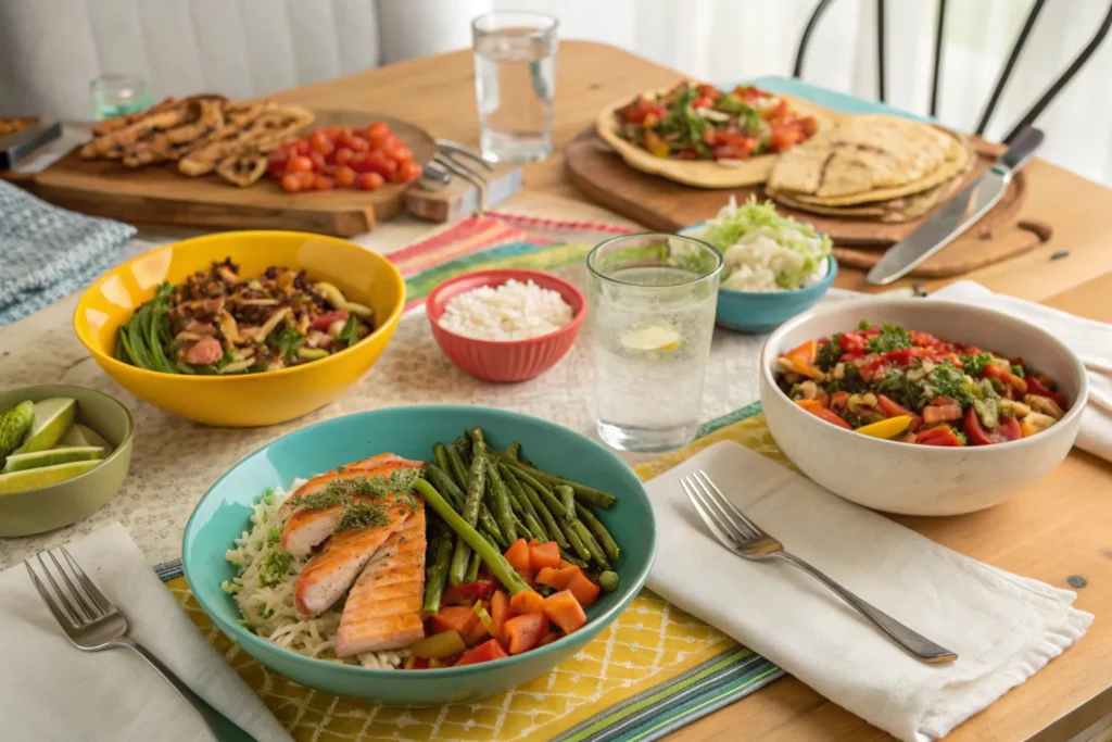 A family-friendly dinner table spread featuring colorful and healthy dishes like taco bowls, chicken stir-fry, and salmon with asparagus.