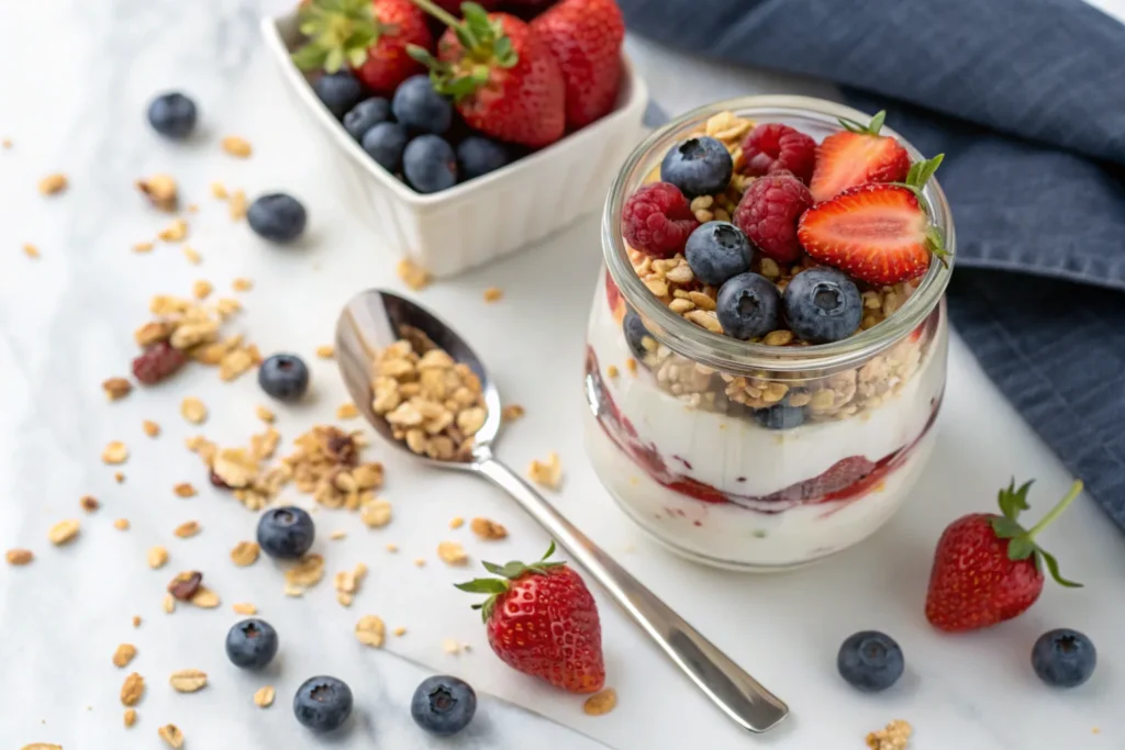 A layered Greek yogurt parfait with fresh berries and granola in a glass jar.