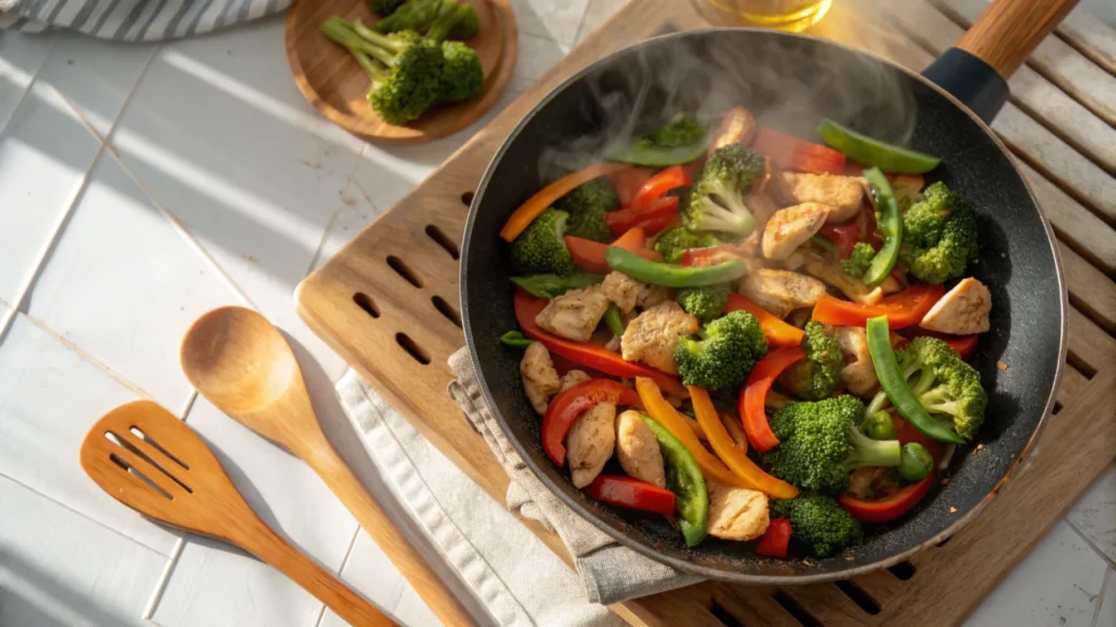 Close-up of a colorful chicken and veggie stir-fry in a wok, highlighting fresh ingredients like bell peppers and broccoli.