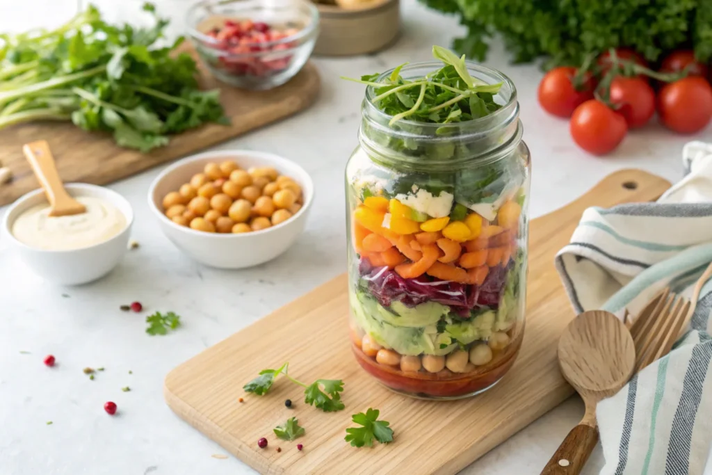 A mason jar salad with vibrant layers of greens, vegetables, and chickpeas.