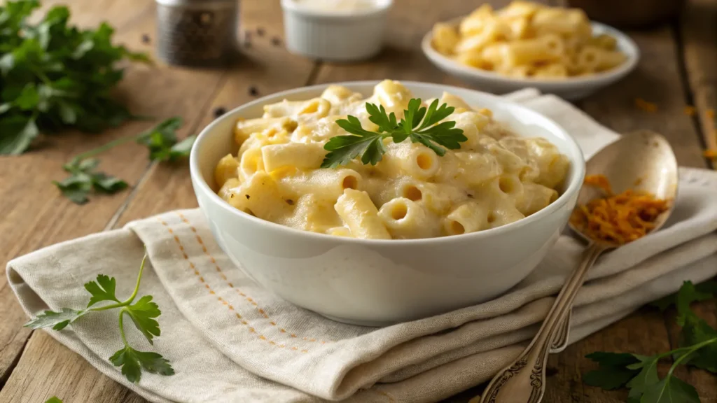 A bowl of creamy lightened-up mac and cheese made with low-fat cheese and whole wheat pasta, garnished with parsley.