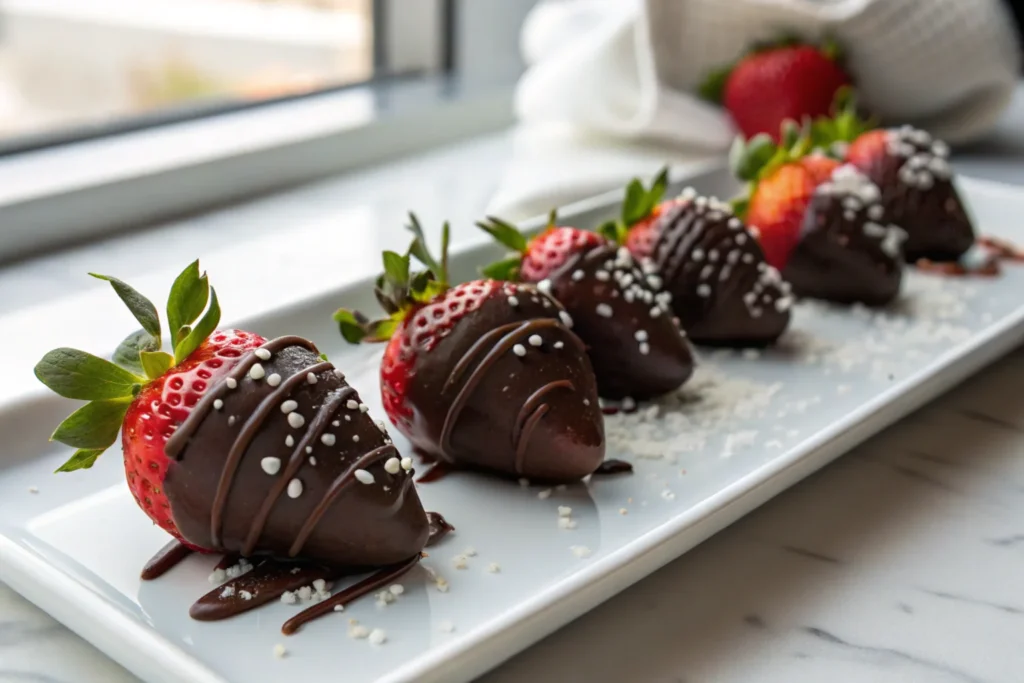 Fresh strawberries dipped in dark chocolate with a sprinkle of sea salt.