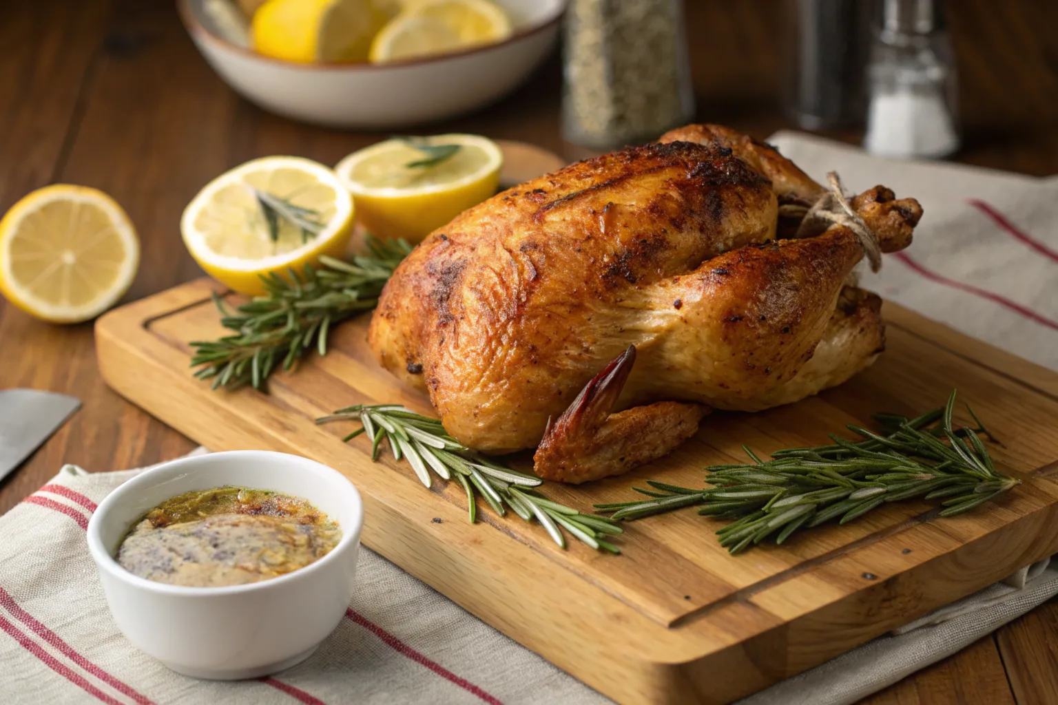 Golden-brown Walmart rotisserie chicken on a wooden cutting board with rosemary and lemon wedges.