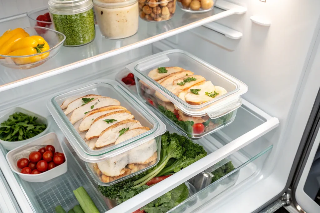 Sliced rotisserie chicken stored in airtight glass containers inside a clean refrigerator