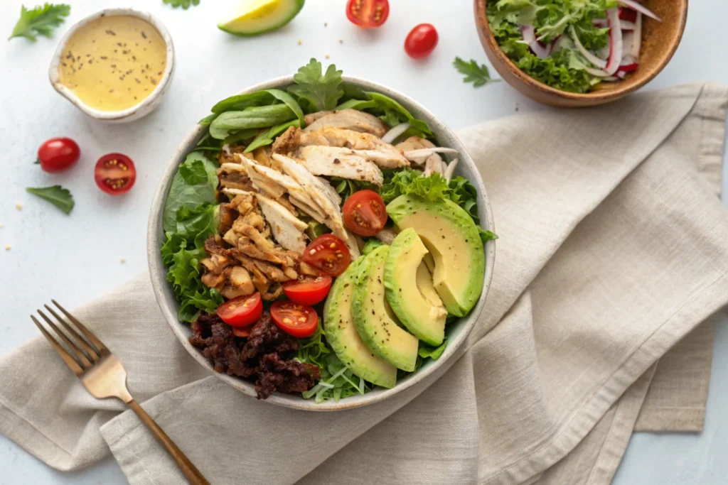 Healthy chicken salad bowl with shredded rotisserie chicken, mixed greens, cherry tomatoes, and avocado slices.