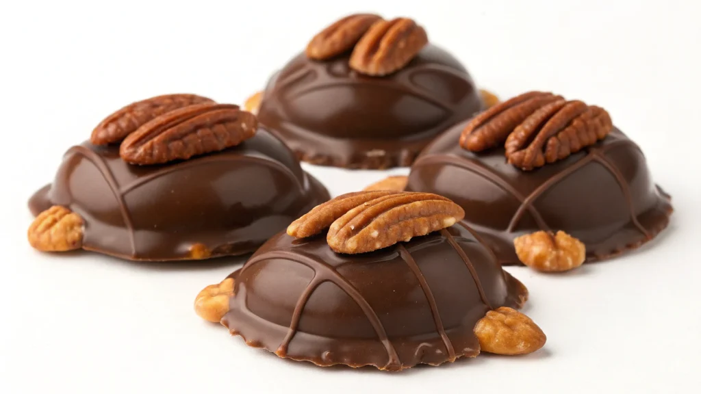 Chocolate turtles are candies made with three iconic ingredients: pecans, caramel, and chocolate.