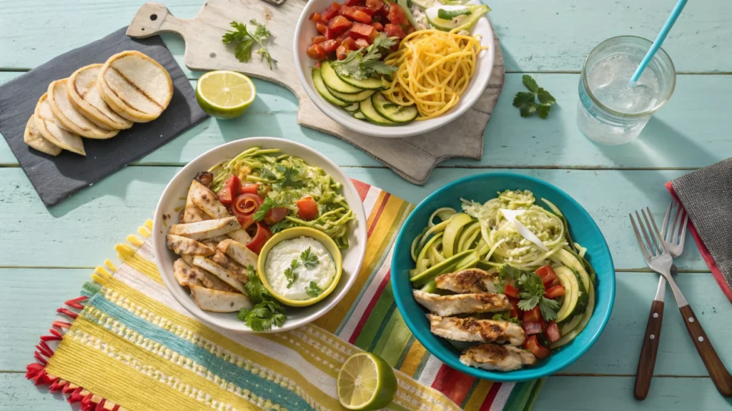 A vibrant Weight Watchers dinner spread featuring turkey taco bowls, lemon garlic chicken, and zucchini noodles.