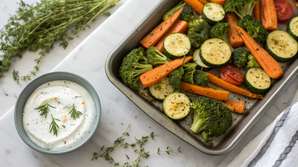 A tray of roasted vegetables seasoned with herbs and served with Greek yogurt.