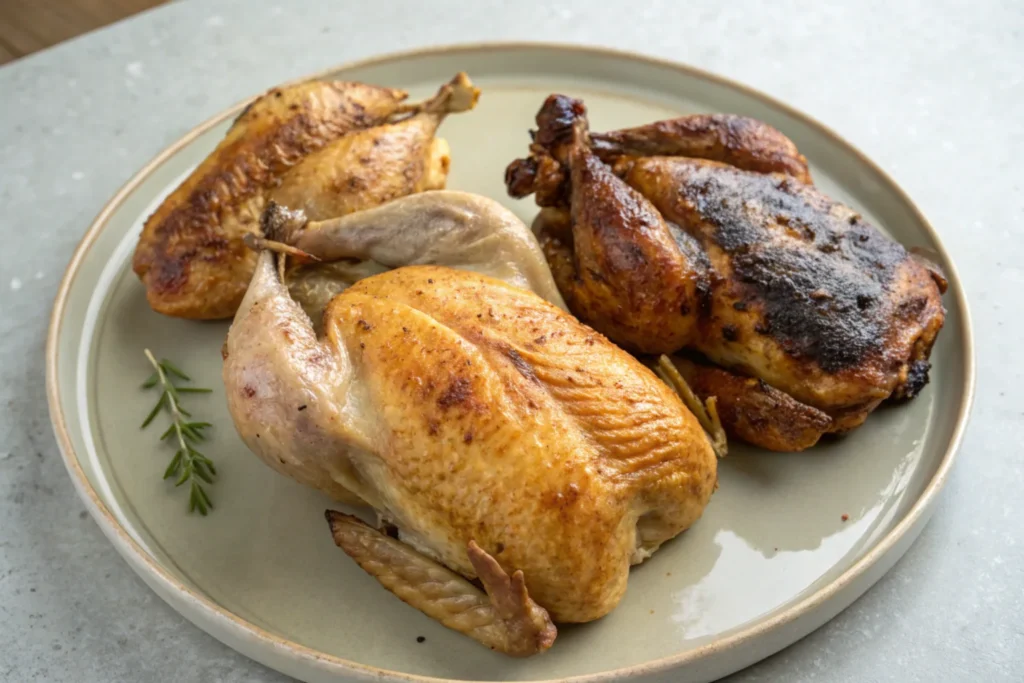 Golden-brown rotisserie chicken with herbs on a cutting board