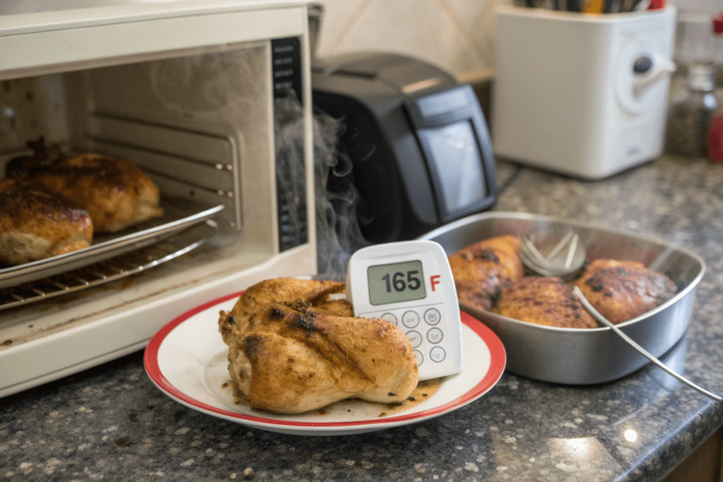 Reheating rotisserie chicken with a food thermometer showing 165°F.