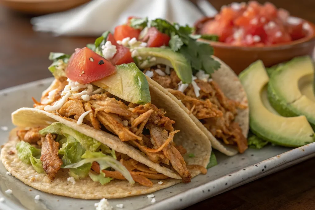 Close-up of shredded rotisserie chicken with vibrant taco toppings