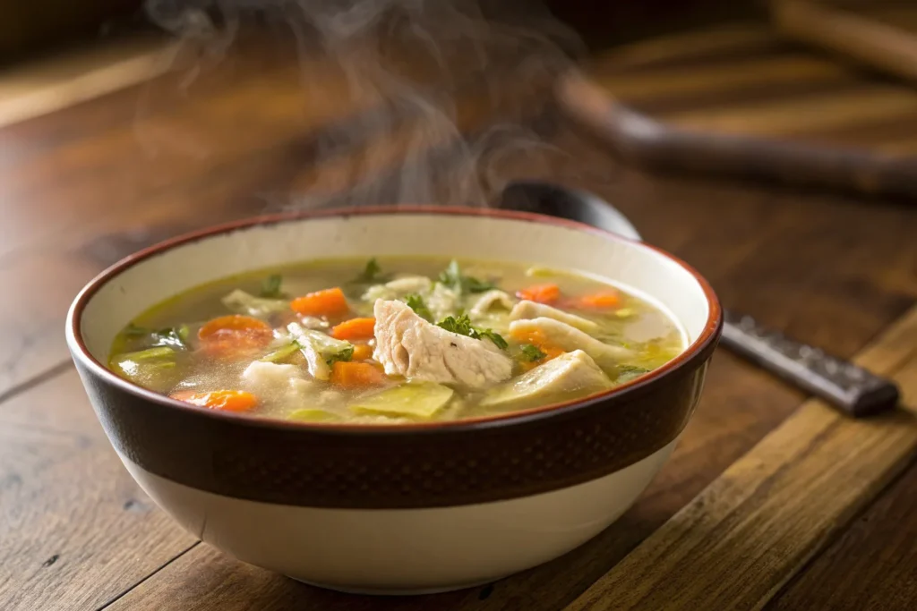 Bowl of homemade chicken soup with steam rising