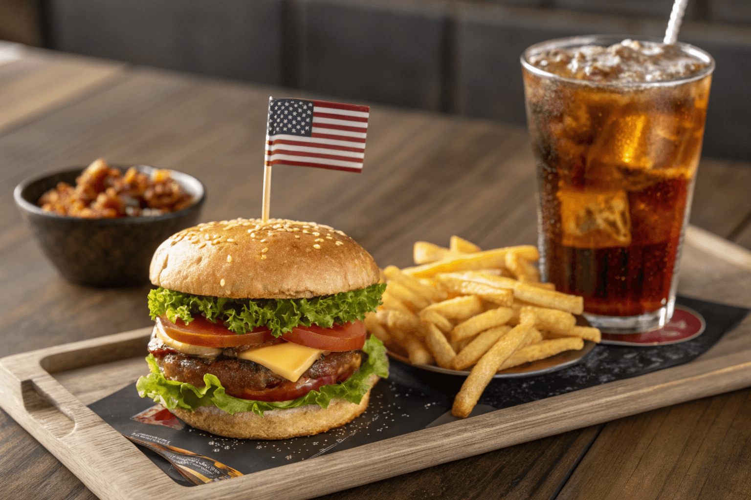 A perfectly crafted meal from All American Burger, featuring its iconic burger, crispy fries, and a refreshing drink.