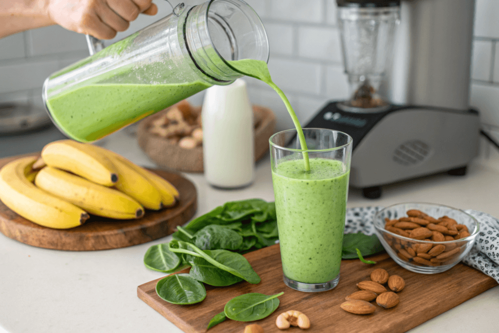 A person pouring a green smoothie into a glass with fresh ingredients like bananas and spinach nearby