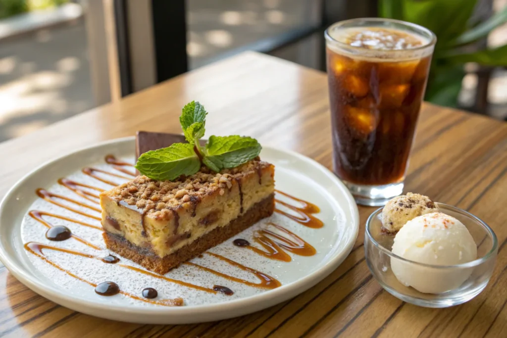 A full Butterfinger cake in a baking dish topped with caramel and crushed candy.