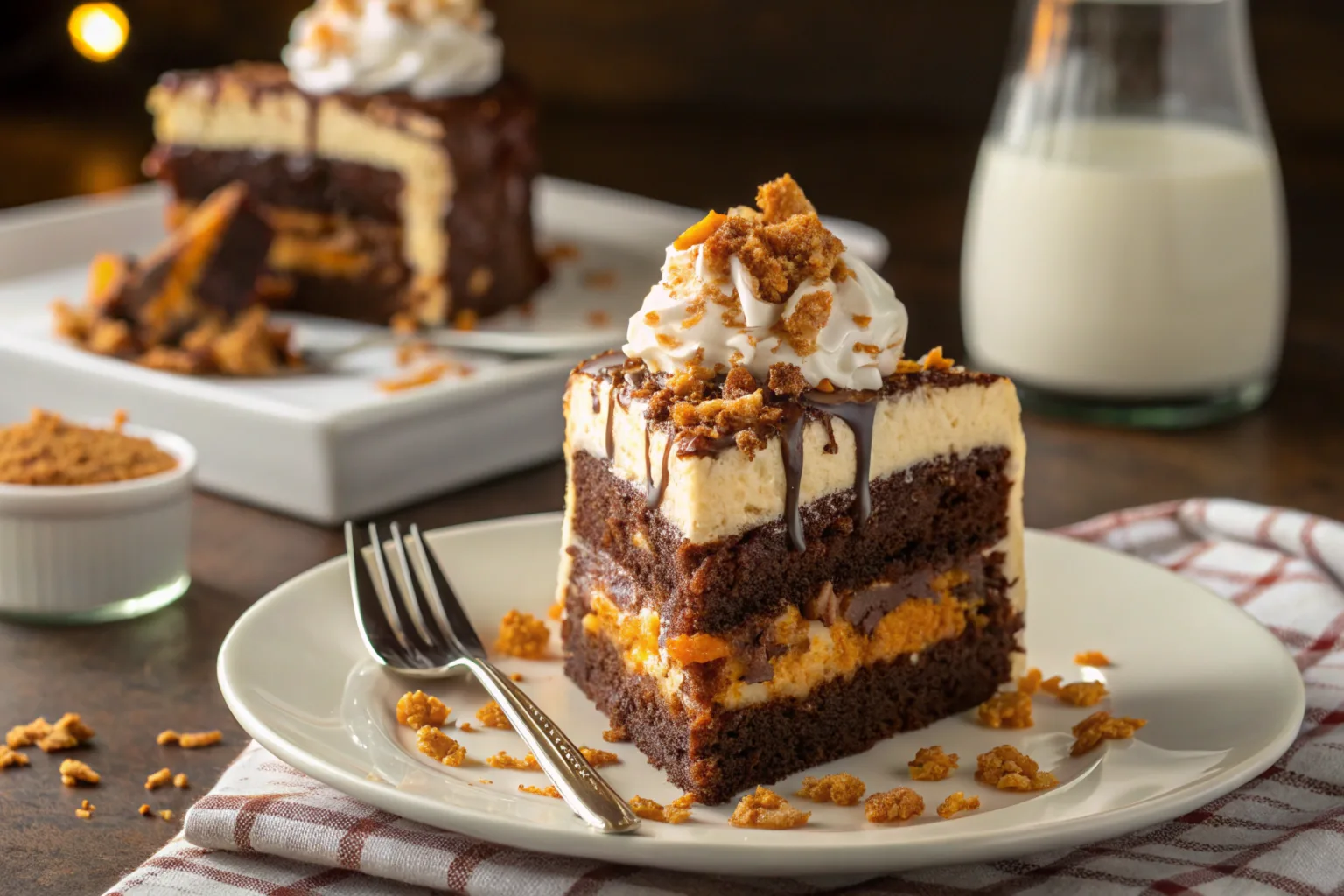 A slice of Butterfinger cake on a white plate with caramel drizzle and crushed candy topping.