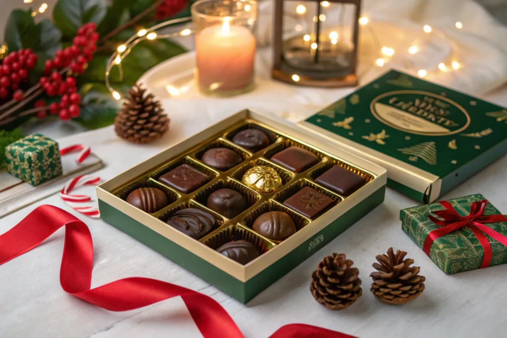 A classic box of Turtles chocolates on a festive holiday table with holiday decorations.