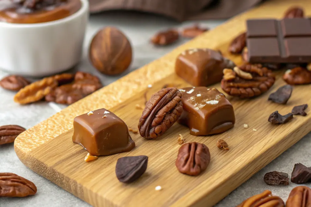 Close-up of pecans, melted caramel, and pieces of chocolate on a wooden board.