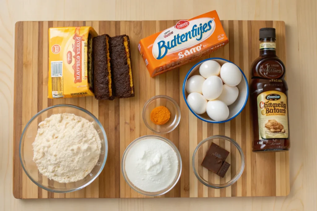 Ingredients for Butterfinger cake, including Butterfinger bars, chocolate cake mix, eggs, oil, cream cheese, powdered sugar, and caramel sauce, on a wooden countertop