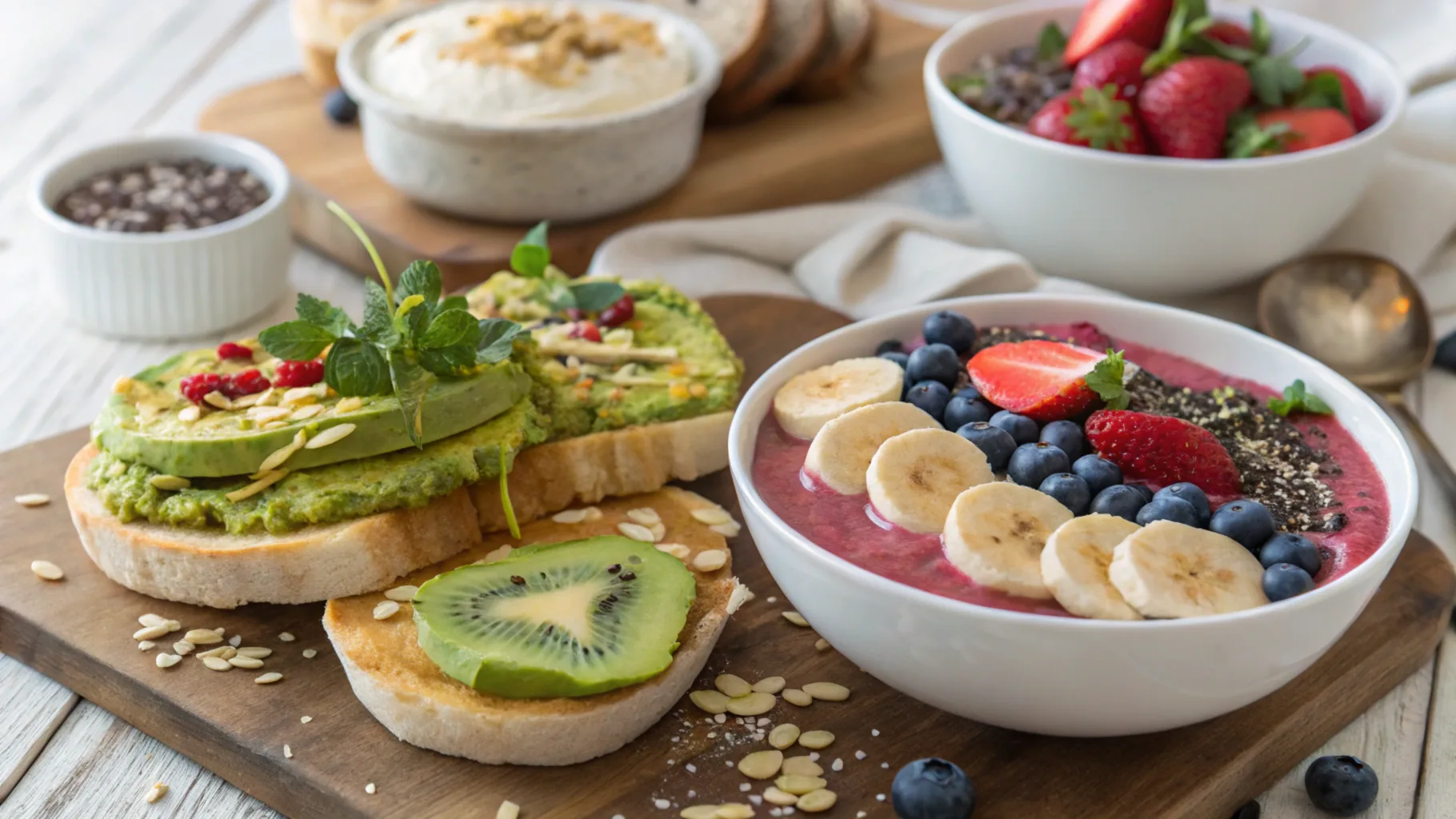 Colorful Weight Watchers breakfast ideas with avocado toast, banana pancakes, and smoothie bowls.