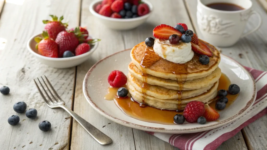 Fluffy stack of buttermilk pancakes with syrup, berries, and whipped cream on a rustic wooden table