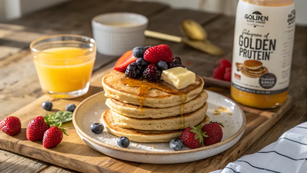 A stack of Premier Protein Pancakes topped with berries and syrup, with a glass of orange juice beside it.