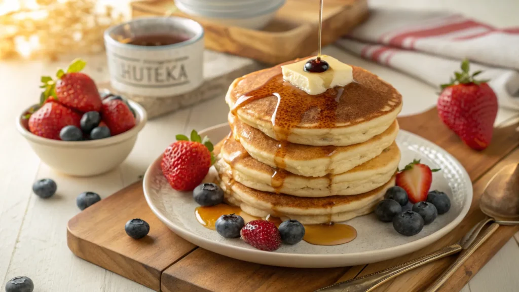 Fluffy pancakes made with Krusteaz pancake mix, topped with maple syrup and fresh berries