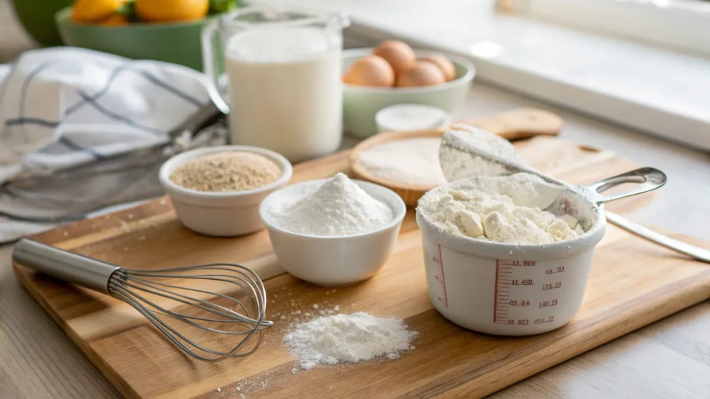 Measuring cups filled with flour, baking powder, baking soda, and sugar on a clean kitchen counter