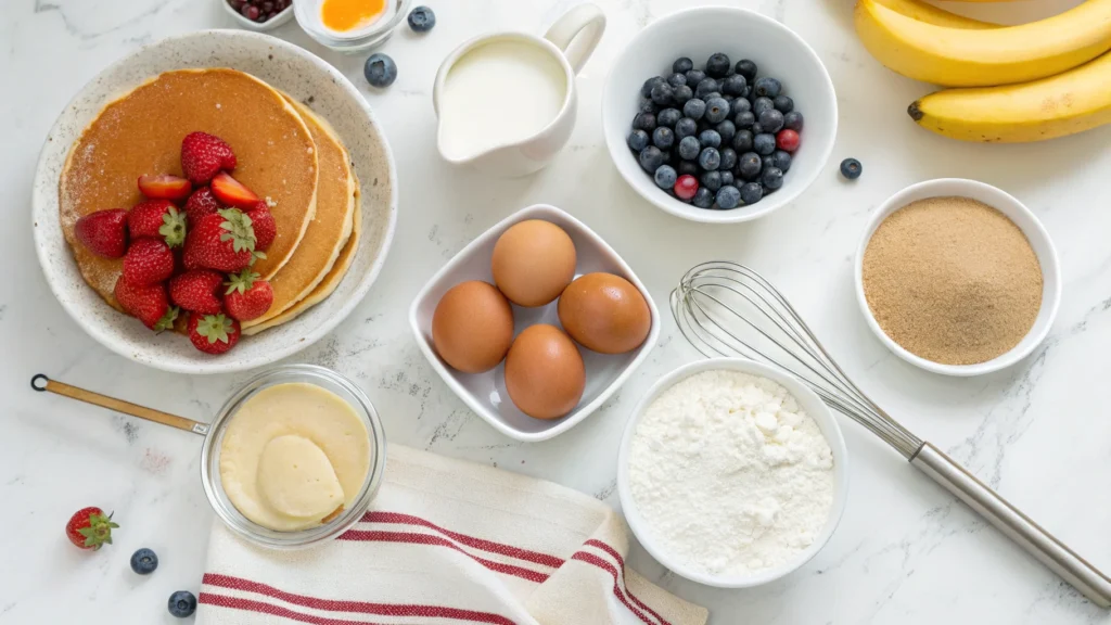 Ingredients for Premier Protein Pancakes with a mixing bowl and fresh fruits on a kitchen counter.