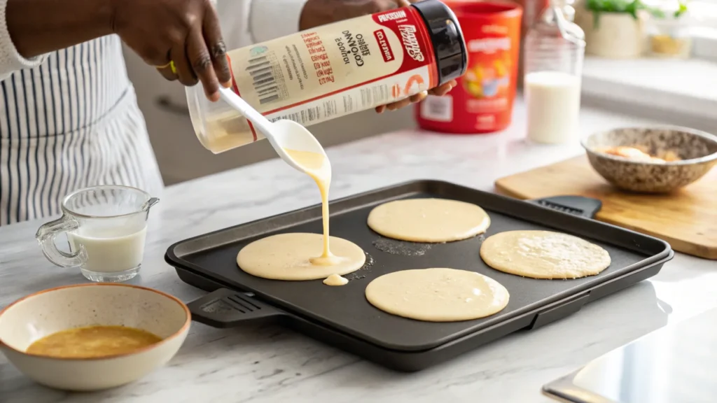  Pouring Krusteaz pancake mix batter onto a hot griddle to make pancakes