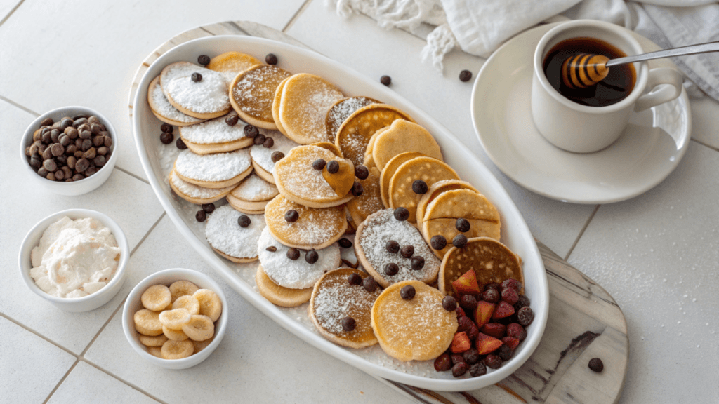 Variety of mini pancakes with powdered sugar, chocolate chips, and honey drizzle on a serving platter.