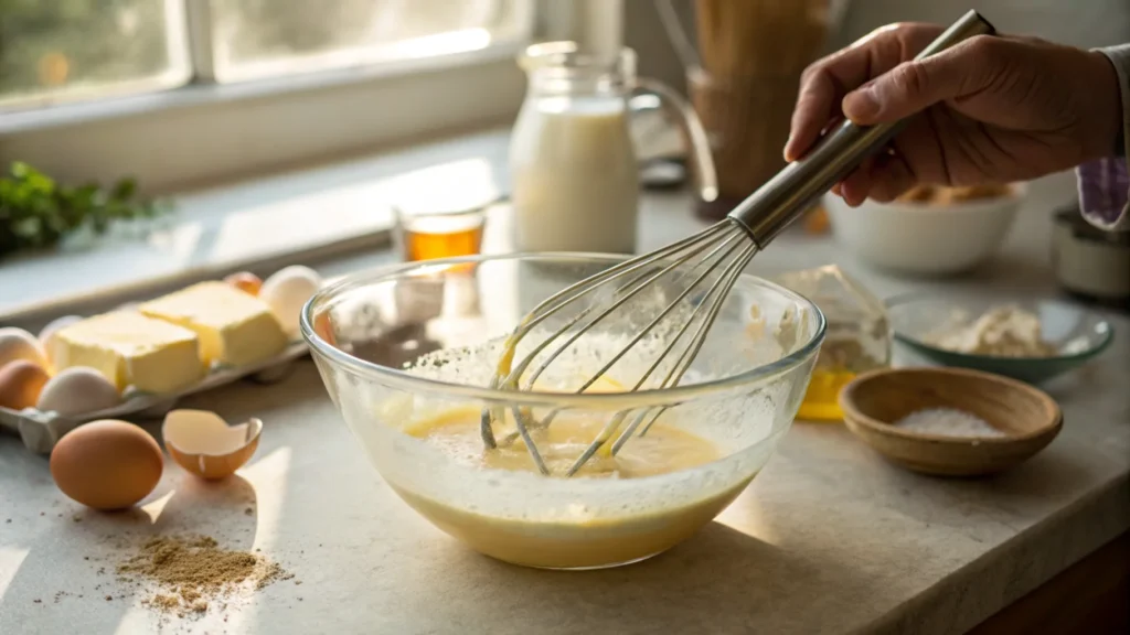 Whisking eggs and buttermilk together in a glass bowl for pancake batter