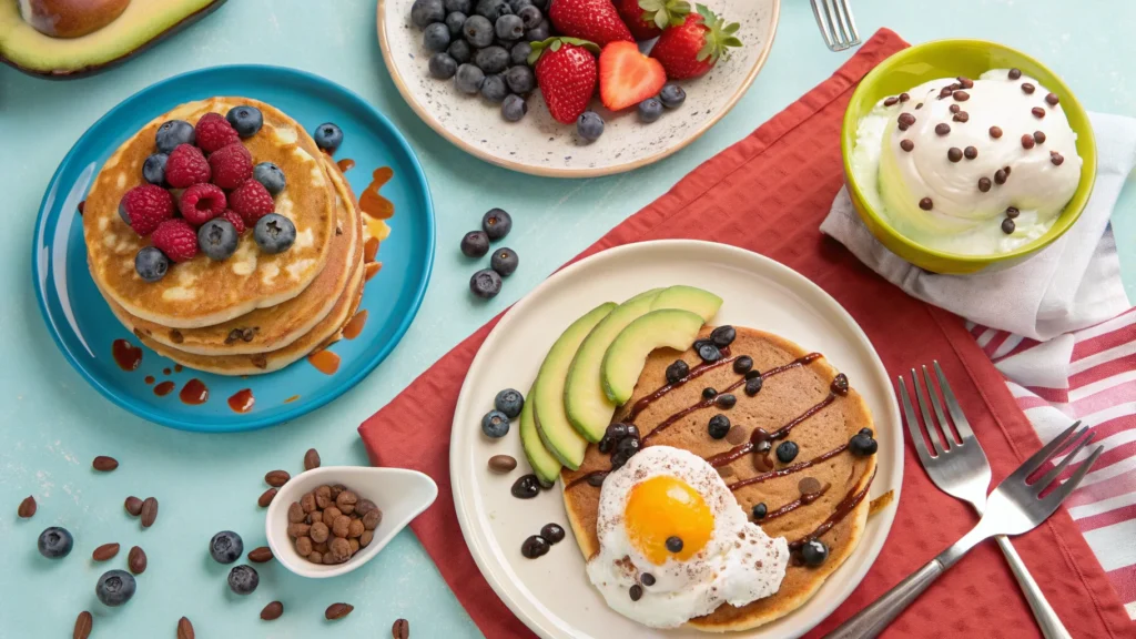 Three plates of Premier Protein Pancakes with various toppings including berries, chocolate chips, and avocado.