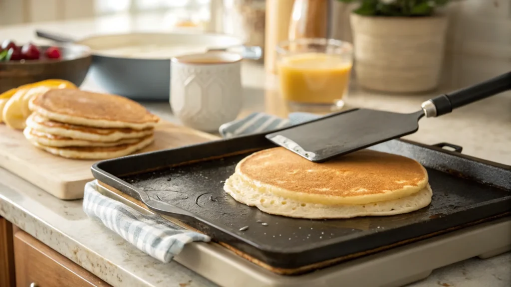 Golden buttermilk pancake cooking on a griddle with a spatula ready to flip