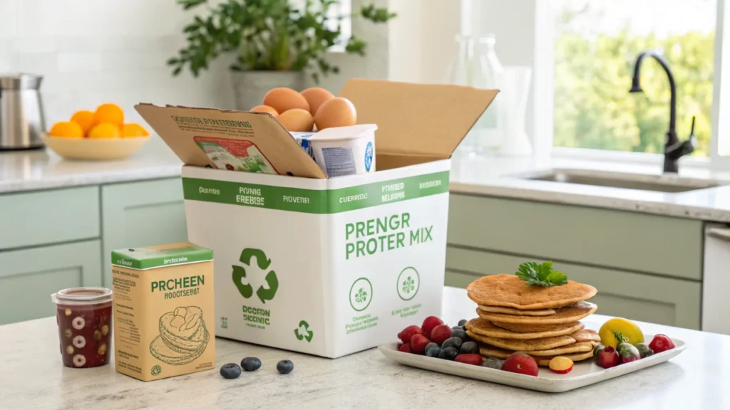 A recyclable Premier Protein Pancake mix box with fresh ingredients and a recycling bin on a kitchen counter.
SEO Title: Sustainable and Eco-Friendly Premier Protein Pancakes