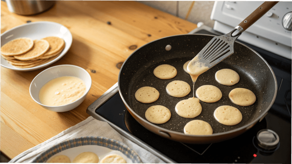 Non-stick pan with mini pancake batter sizzling and golden pancakes being flipped, with a bowl of batter and spatula nearby.