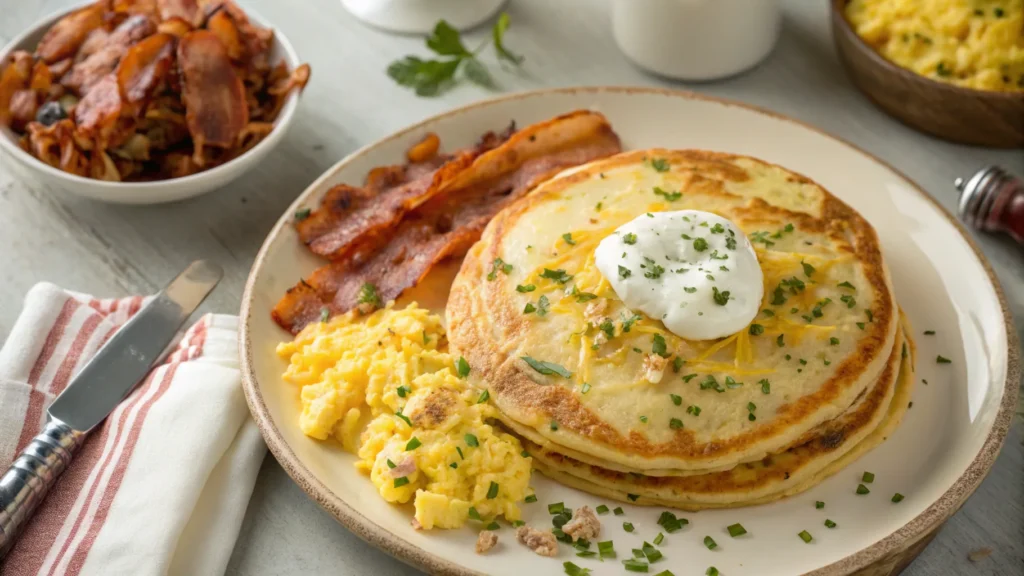 Savory pancakes made with Krusteaz pancake mix, topped with cheese, herbs, and served with scrambled eggs