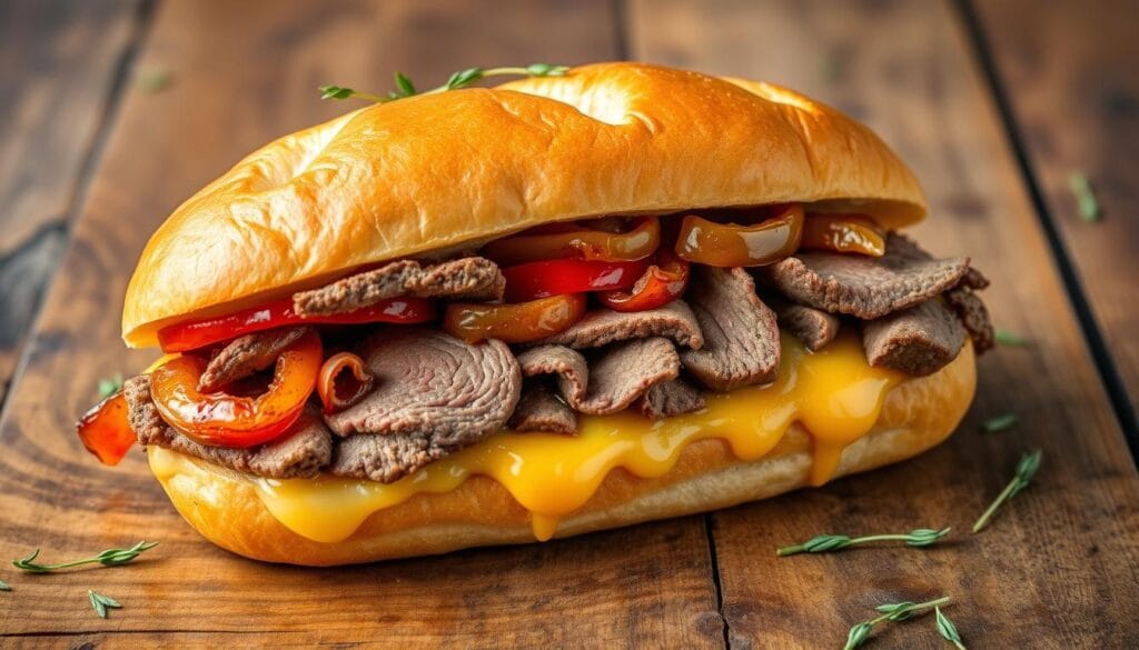 roast beef pepper onion sandwich with melted cheese