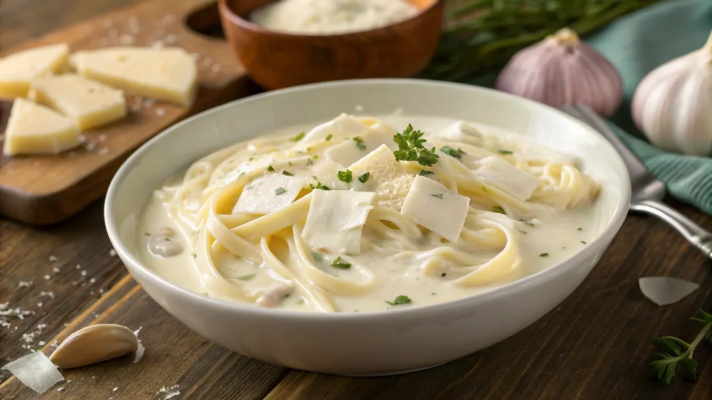 A creamy homemade Alfredo sauce in a saucepan, with a wooden spoon stirring the rich, cheesy mixture.